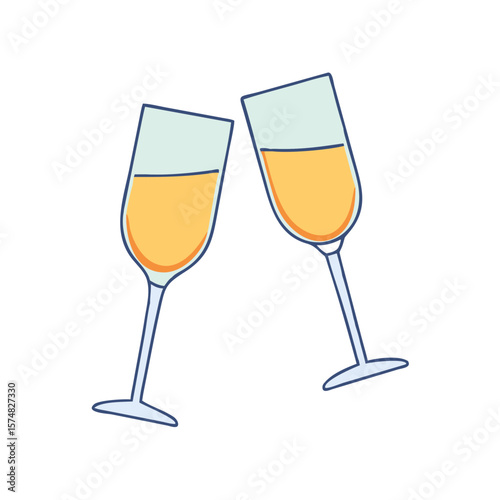 Two champagne glasses clinking in celebration with yellow liquid