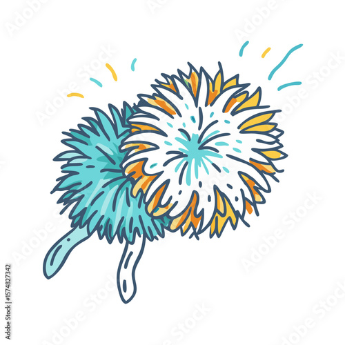 Vibrant pom poms with energetic sparkle and dynamic movement