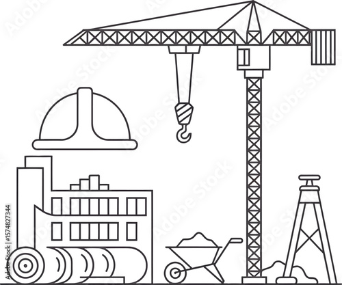 Construction site elements including a tower crane building hard hat and wheelbarrow