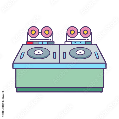 Retro dj turntables with reel to reel tape decks and colorful accents