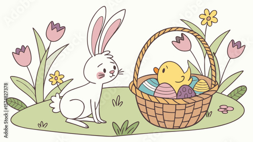 Cute easter bunny with easter basket and chick vector illustration design for kids and easter day