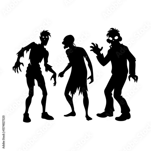 Zombie Silhouette Set on White Background – Scary Undead Figures in Various Poses