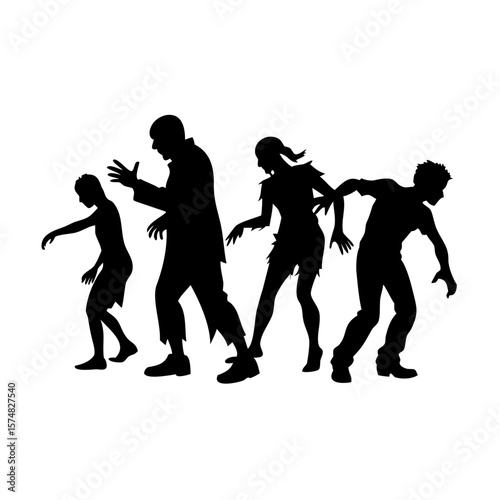 Zombie Silhouette Set on White Background – Scary Undead Figures in Various Poses