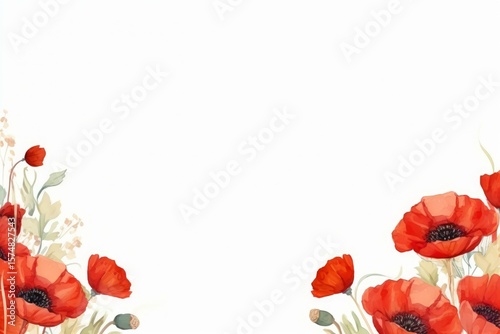Fototapeta Naklejka Na Ścianę i Meble -  Elegant watercolor red poppies create a delicate and vibrant floral border on a clean white background, perfect for adding a touch of natural beauty