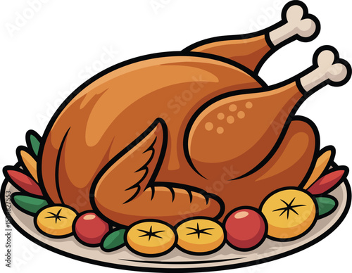 Roasted Turkey with Vegetables and Garnishes on Plate Vector Illustration, Transparent Background.