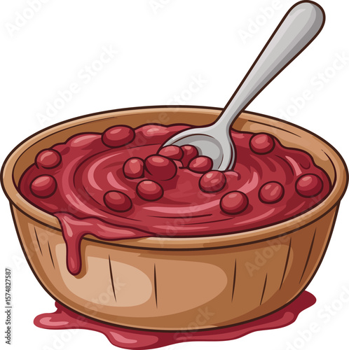 Bowl of Cranberry Sauce with Whole Berries and Spoon Vector Illustration, Transparent Background.