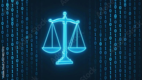 Digital Justice Symbol of Scales with Binary Code Background Representing Technology and Law