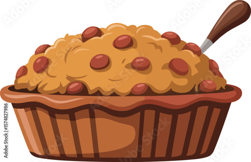 Freshly Baked Pie with Topping and Wooden Spoon Vector Illustration, Transparent Background.