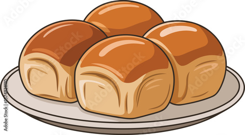 Freshly Baked Dinner Rolls on Plate Vector Illustration, Transparent Background.