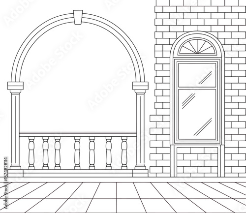 Architectural Line Drawing of a Porch with Archway and Brick Wall