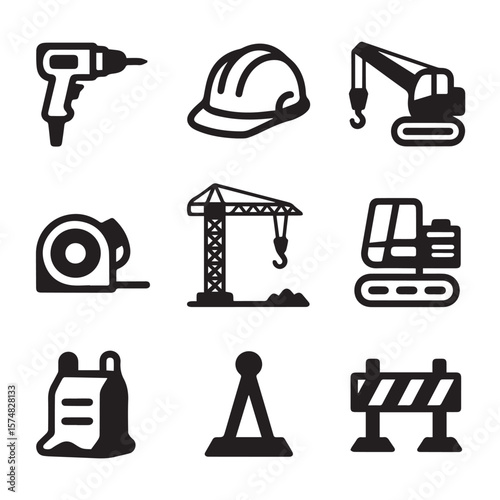 A collection of black construction icons including a drill, hard hat, crane, tape measure, excavator, bag, and barrier