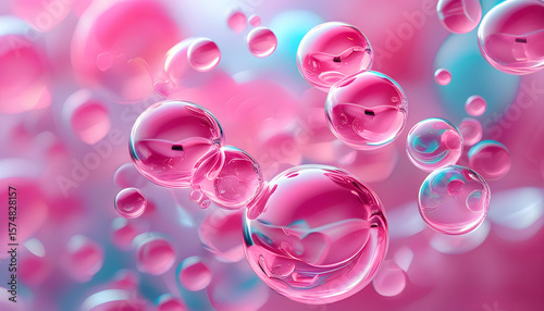 Glossy pink translucent bubbles floating over soft pastel gradient backdrop