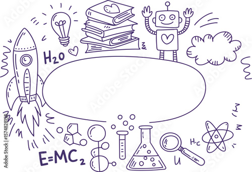 Doodle art featuring science and education elements surrounding a blank oval space area


