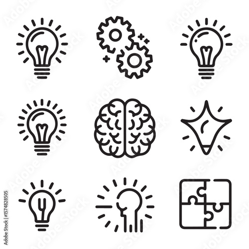 A set of black icons symbolizing ideas and creativity, including light bulbs, gears, a brain, and puzzle pieces