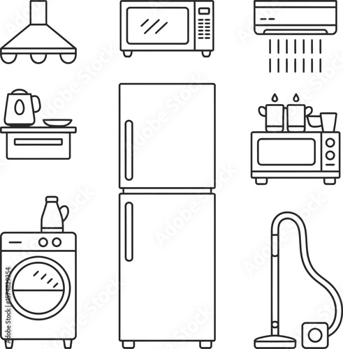 Outline Illustration of Modern Kitchen and Household Appliances