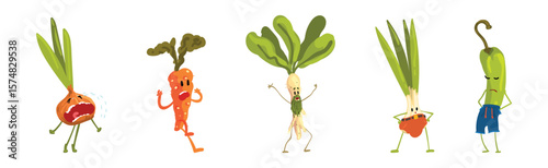 Funny Vegetable Character with Face and Arms Vector Set