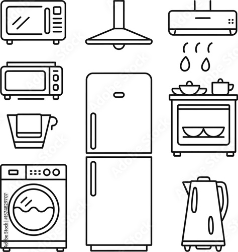 Simple Line Art Illustration of Essential Kitchen and Laundry Appliances