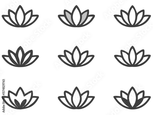 Collection of simple line art lotus flower icons in various subtle variations and arrangements on a black background