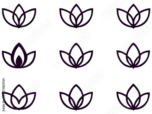 Collection of elegant thin line art lotus flower icons in a repeating pattern against a black background symbolizing purity and enlightenment