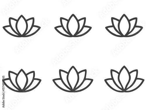 Six simple grey line art lotus flower icons arranged in two rows of three on a black background symbolizing purity and enlightenment