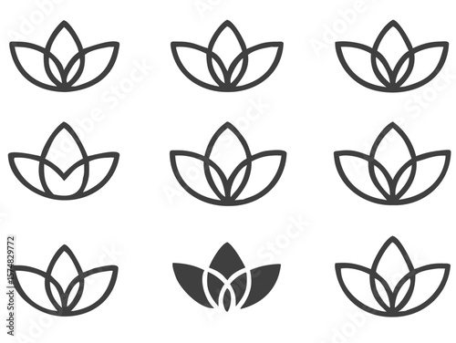 Collection of minimalist lotus flower icons with clean lines and a modern aesthetic on a black background