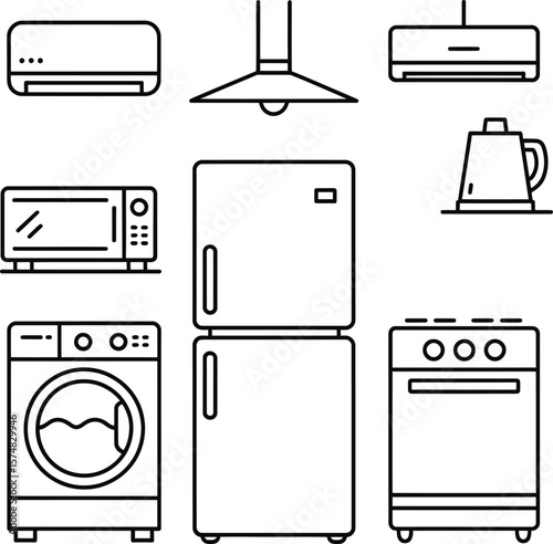 Outline illustration of various kitchen and laundry appliances