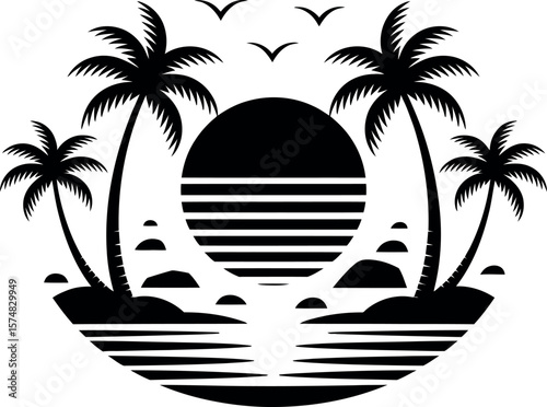 Black and white tropical island scene with palm trees sun and birds in a circular design element


