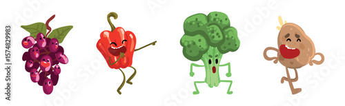 Funny Vegetable Character with Face and Arms Vector Set