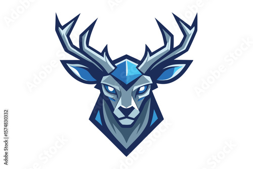 Abstract blue and grey deer head looks formidable with sharp geometric antlers