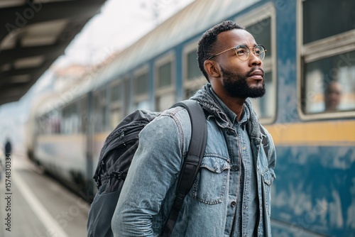 Thoughtful Traveler Awaits Departure at Train Station
