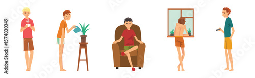 Man Character Resting and Relaxing at Home on Weekend Vector Set