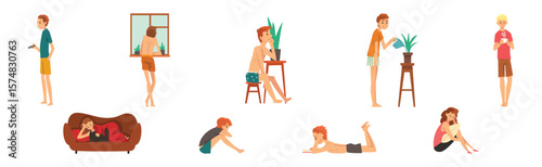 Man and Woman Character Resting and Relaxing at Home on Weekend Vector Set