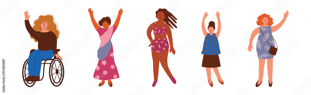 Pretty Body Positive Woman in Standing Pose Vector Set Pretty Body Positive Woman in Standing Pose Vector Set