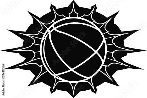 Abstract Black and White Symbol Spiked Circle Enclosing a Spherical Shape with Arcs