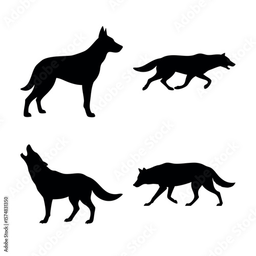 Wolf Silhouette Collection: A set of four stylized wolf silhouette images in different poses against background, perfect for wildlife-themed design and creative work.