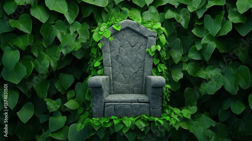 A mysterious stone throne adorned with vibrant green leaves, symbolizing nature's reclaiming of ancient spaces.