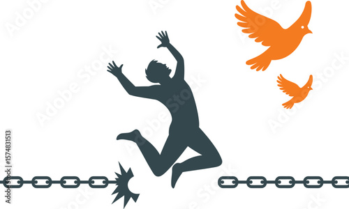 Freedom concept illustration of breaking chains and flying like birds for liberation and independence