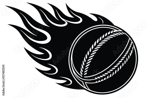 Black and White Cricket Ball with Flames Illustration Design Element