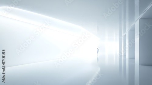 Minimalist architectural photo showing a person standing in a bright and modern hallway with reflection.