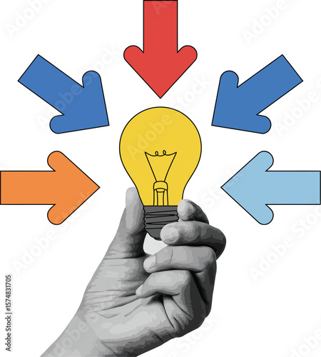 Idea generation concept lightbulb in hand with arrows pointing to it for creative innovation and inspiration