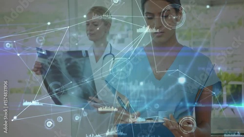 Nurse starting notes as network lines and charts fading in, doctor studying X-ray for diagnosis