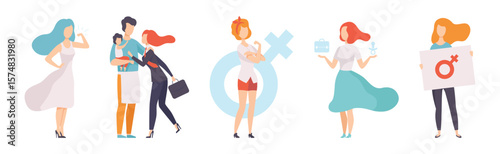 Gender Equality in Society with Woman Character Fight Against Discriminations Vector Set