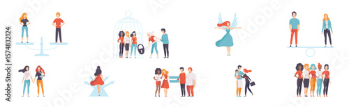 Gender Equality in Society with Woman Character Fight Against Discriminations Vector Set