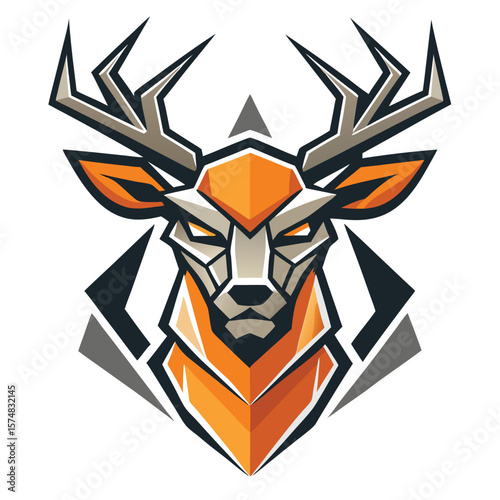 Geometric deer mascot presents formidable antlers amidst triangular elements on a white backdrop