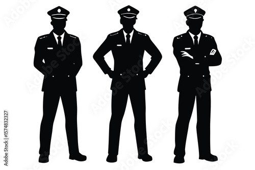 Black Silhouettes Three Police Officers Standing in Uniform with Varied Poses on White