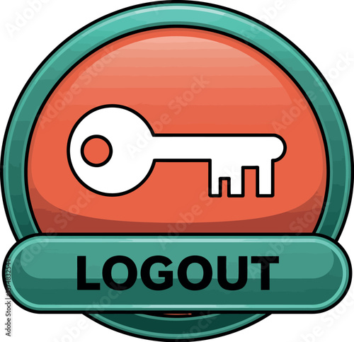 A stylized logout icon featuring a key symbol on an orange circle with a teal border design element



