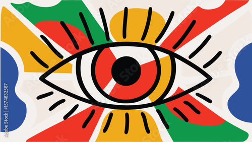 Abstract eye with colorful geometric shapes and radiating lines creating a vibrant composition