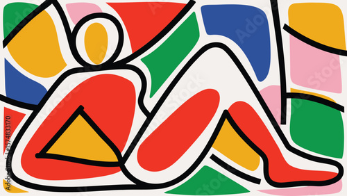 Abstract depiction of a reclining figure surrounded by colorful geometric shapes and bold black lines