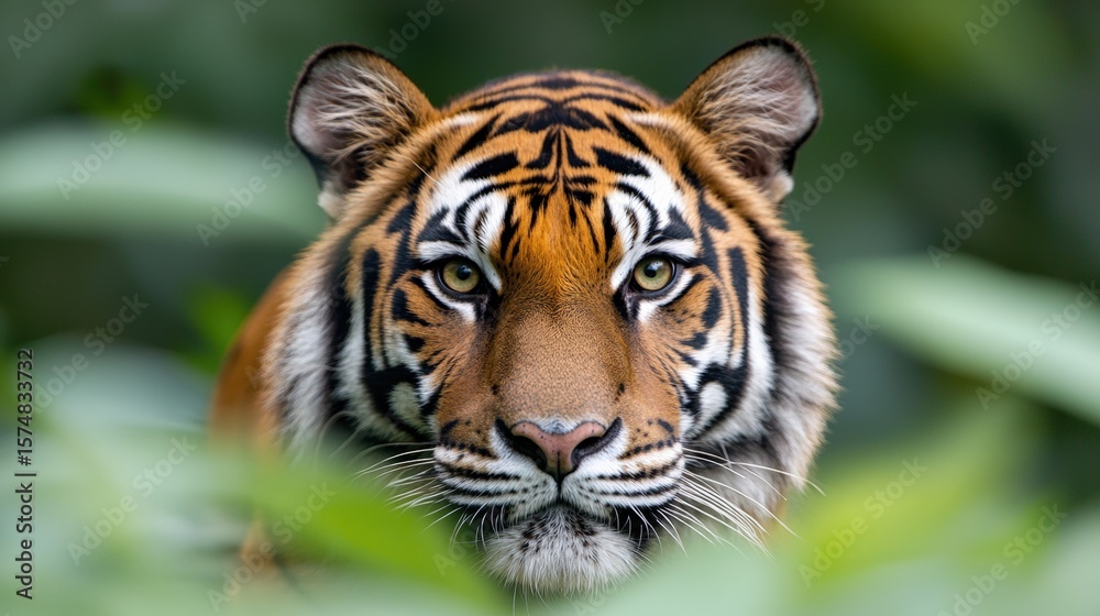 Obraz premium Close up of a Sumatran tiger peering through foliage, showcasing its beauty and power in a natural habitat