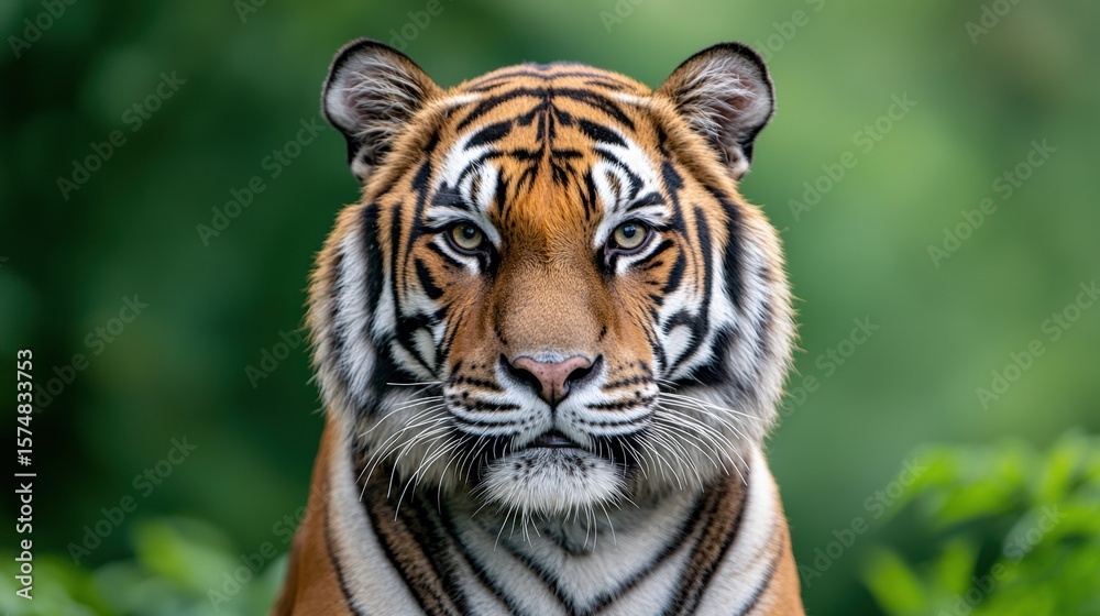 Fototapeta premium Close up portrait of a Sumatran tiger showing its majestic gaze and powerful presence in a lush green environment, conveying a sense of wild beauty and conservation